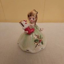 VTG Josef Originals Christmas Girl W/Stocking Green Dress Black Eyes Japan picture