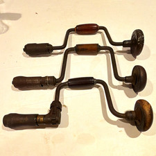 Lot of 3 Vintage Original Hand Brace Drills w/ Wood Handles & Metal Chucks picture