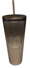 STARBUCKS Champagne Bronze Pleated Metallic 24oz Venti Iced Tumble w/ Straw picture