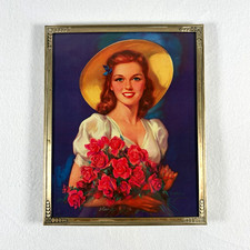 Vintage 1940s Pinup Girl Print Gerbitz Woman with Roses Nadelman Metal Frame Art picture