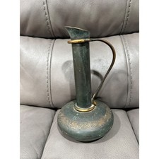 Vintage Pal-Bell Israel Brass Pitcher Verdigris Patina Etched Grapevine 1950s picture