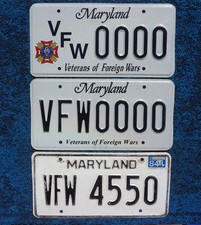 LOT of 3 MARYLAND VFW License Plates - VETERAN OF FOREIGN WARS - Plate Sample picture