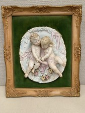 Vtg Victorian Bas Relief Ceramic Winged? Cherubs on Velvet Ornate Frame picture