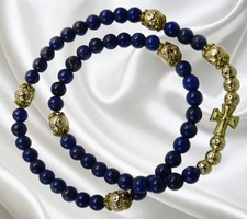 Handmade Five Decade Catholic Rosary Bracelet, Lapis Lazuli and Lava Rock Beads picture