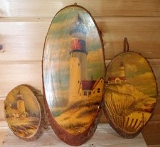 3 Vintage Bailey Island ME Lighthouse Tree Slice Paintings Estate Find picture