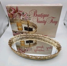 Vintage Mirrored Vanity Tray Oval Ornate Metal Filigree Rim 14