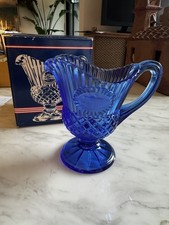 Vintage Avon Fostoria Cobalt Blue Glass Mt Vernon Pitcher Creamer With Box 1977 picture