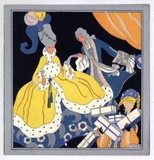 1920s ART DECO POCHOIR XMAS GREETING CARD, MATTED- LADIES, GENT, PRESENTS picture