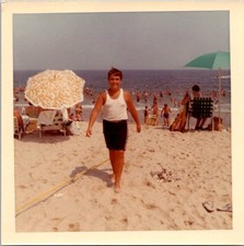 Vtg 1970s Young Man Walking on Crowded Beach Color Snapshot Photograph picture