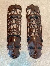 Large Pair Hand Carved African Hardwood Masks Botswana Elephant Wall Art 30” picture