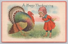 Postcard A Happy Thanksgiving Little Girl Holding Ear Of Corn & Turkey A13980 picture