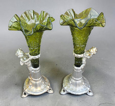 Antique pair Zamac Putti cherub Green glass trompet vases picture