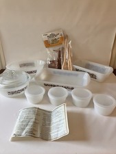 Vintage NOS In Box Jeanette Goldtone Floral Glasbake Ovenware 27 Piece Set #2512 picture
