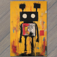 POSTCARD Boxy Robot Graffiti Bright Yellow Blue Red Raw Edgy Bold Sweet picture