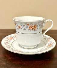 Vintage FTDA 1987 Footed Tea Cup & Saucer Set, White Silver Band, Orange Floral. picture