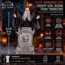 Haunted Hill Farm 3.1 ft Animated Creepy Girl Tombstone Wings LED Halloween picture