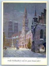 Munich Bavaria Germany Postcard Snow Scene in Marienplatz c1930's Vintage picture