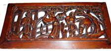 Vintage Hand Carved Wood Asian Village Scene Wall Plaque Pierced Relief Panel picture