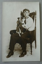Antique 1907 rppc portrait young man with dog posed vintage real photo postcard picture