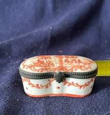 Vintage French Porcelain Trinket Box, white orange hand painted picture