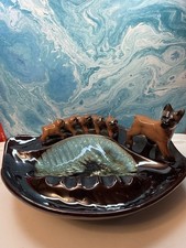 Vintage Japan Boxer Dog 5 Puppies Ashtray MCM Pearl Drip Glaze Art Pottery picture