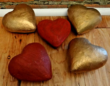 Set of 5 Paper Mache Hearts Red & Gold 4.75” Handcrafted India Decor picture