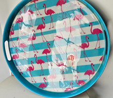 VTG 1950's STYLE TURQUOISE ROUND METAL BAR SODA FOUNTAIN SERVING TRAY FLAMINGOS  picture