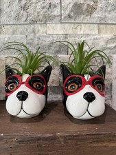Boston Terrier Plant Holders Black And White Terrier With Red Glasses 2” Set picture