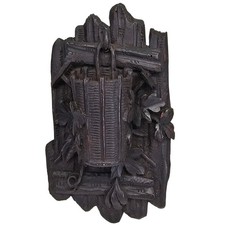 Antique Black Forest Hand Carved Wood Match Holder Forest Basket 1900s Brown picture