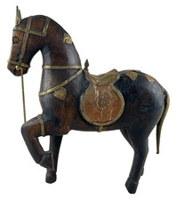 Vintage 1950s Carved Wood Horse Brass Copper Rustic Tang Style Sculpture picture