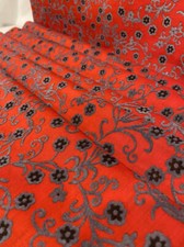 Vtg Cotton Fabric FLOCKED Heavily RED Silver Gray Black Flowers Vines 44x2yd+13