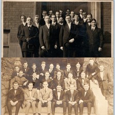 x2 RPPC LOT c1910s Men's Group Portraits Gentlemen Suits Outdoor Porch Gang A380 picture