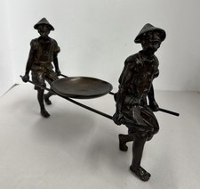 Vintage Asian Bronze Porter Figures Carrying Tray Sculpture Figurine Decor picture