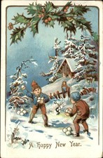 New Year's Children Playing in Snow c1900s-10s Vintage Postcard picture