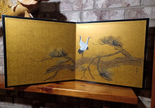 VTG Japanese Byobu Folding Tabletop Screen 2 Panel Cranes Hand Painted Made Japa picture