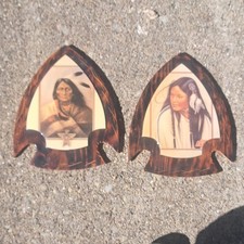 Vintage Native American Indian Paintings Wooden Arrowhead Wall Plaque SET OF 2 picture