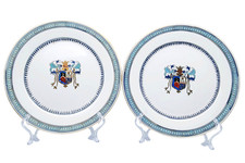 Victorian English Armorial Plates Pair Blue White Gold Ironstone 10 in 1857 picture
