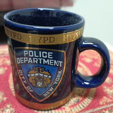 NYPD City Of New York Police Department 4 oz espresso coffee mug blue gold band picture