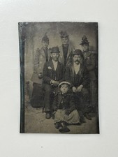 Antique Tintype Group Portrait Men, Women, Child Fancy Hats 1/6 Plate picture