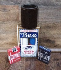 Vintage Poker Game Lot Bee Casino Quality Chips Aviator Decks Leather Dice Cup picture
