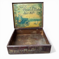 Rare 1920’s West Beach & Motor Hair Net Store Display Advertisement Metal Box 6” picture