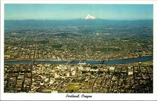 Vtg Portland Oregon OR Aerial View of City Williamette River Mt. Hood Postcard picture