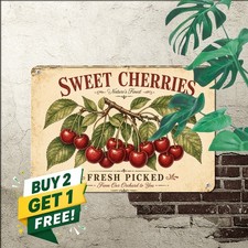 Vibrant Red Cherries Fruit Tin Sign Retro Kitchen Cafe Metal Wall Decor picture