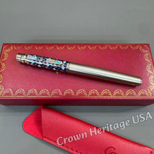 CARTIER Santos de Cartier Rollerball Pen Blue Design Silver Tone w/ Box picture
