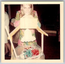 Vtg Color Snapshot Pretty Blonde Woman Psychedelic Mod Floral Dress Wishing Well picture
