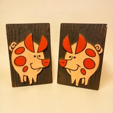 Vintage 1972 Miller Studio Chalkware Pig Wall Plaques MCM Pigs Lot of 2 picture