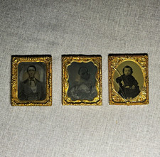 Lot of 3 Antique Daguerreotype Tintype Portraits Tiny Metal Frames 1800s picture