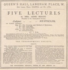 1914 Five Lectures By Annie Besant Subject Mysticism Queen's Hall Langham Place picture
