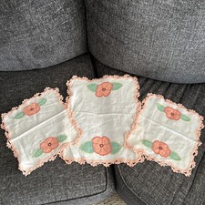 Vintage Embroidered Crochet Edged Squared Doilies Set Of 3 Peach Trim picture