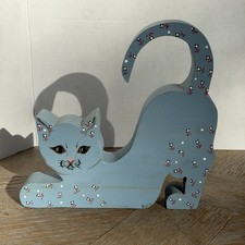 Vintage Hand Painted Wooden Cat Folk Art Blue Floral picture